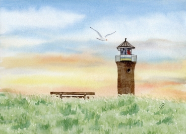 Poster DIN-A4 Aquarell Maritim Kunst Druck Kunstdruck Nordsee Juist Leuchtturm Insel
